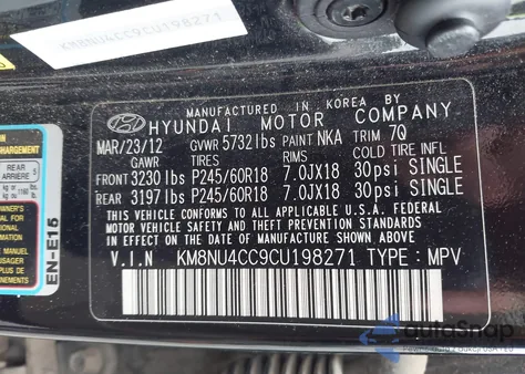 2012 Hyundai Veracruz Limited z USA, uszkodzony, nr VIN KM8NU4CC9CU198271